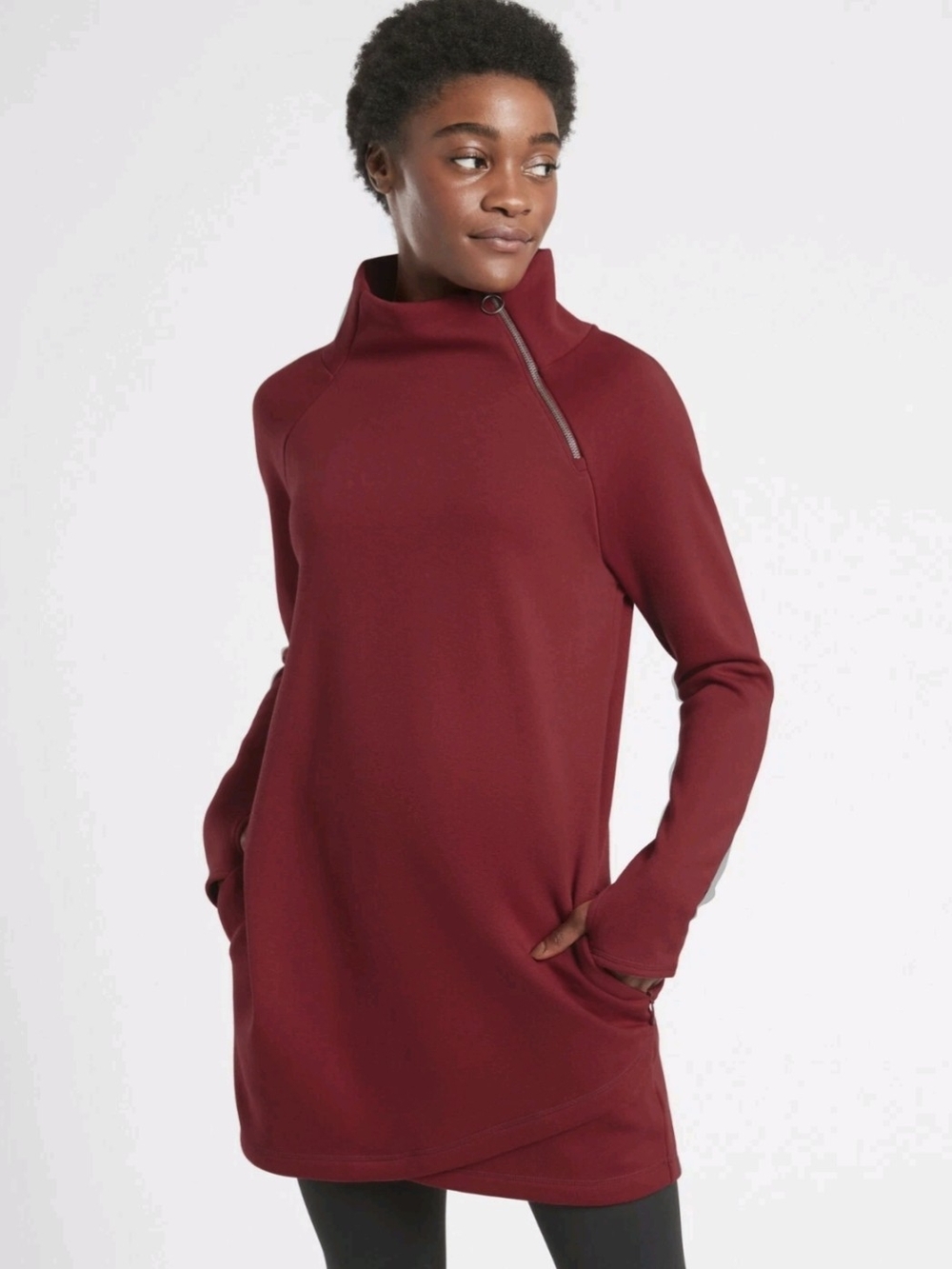 Athleta Cozy Karma Asymmetrical Sweatshirt Dress Decadent Red Large Zip